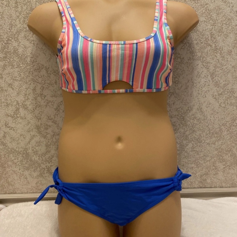 Vibrant Multicolor Striped Bikini Set with Blue Bottom